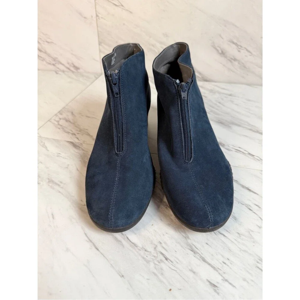 Aerosoles Torista Navy Suede Wedge Ankle Booties Front Zip Comfort Womens 9.5M